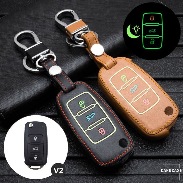 Leder Schlüssel Cover passend für Volkswagen, Skoda, Seat Schlüssel  LEUCHTEND! LEK2-V2