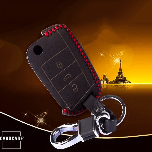 Leder Schlüssel Cover inkl. Karabinerhaken passend für Volkswagen, Audi, Skoda, Seat Schlüssel  LEK37-V3