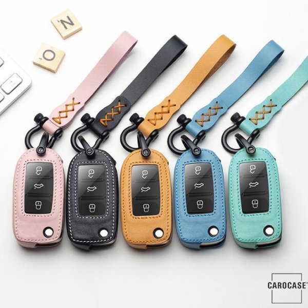Premium Leder Schlüsselhülle / Schutzhülle (LEK53) passend für Volkswagen, Skoda, Seat Schlüssel inkl. Karabiner + Lederband