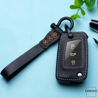 Premium Leder Schlüsselhülle / Schutzhülle (LEK53) passend für Volkswagen, Audi, Skoda, Seat Schlüssel inkl. Karabiner + Lederband