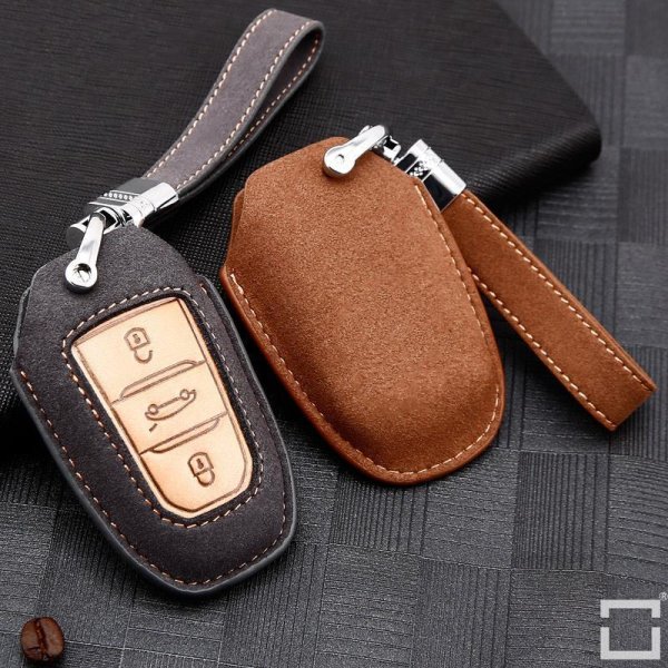 Premium leather key cover for Opel, Toyota, Citroen, Peugeot keys incl. leather strap / keychain (LEK59-P2)