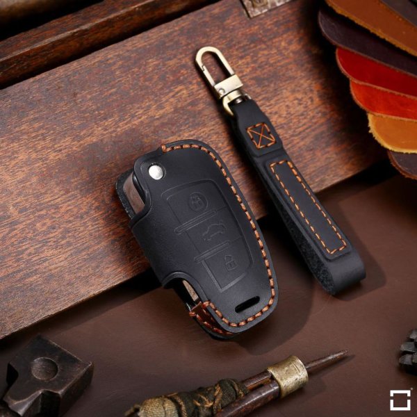 Premium leather key cover for Audi keys incl. keyring hook + leather keychain (LEK64-AX3)