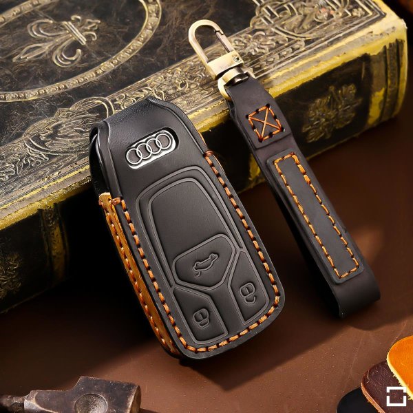 Premium Leder Schlüsselhülle / Schutzhülle (LEK64) passend für Audi Schlüssel inkl. Karabiner + Lederband
