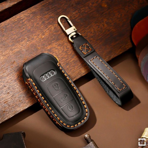 Premium Leder Schlüsselhülle / Schutzhülle (LEK64) passend für Audi Schlüssel inkl. Karabiner + Lederband
