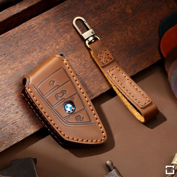 Premium leather key cover for BMW keys incl. keyring hook + leather  keychain (LEK64-B7)