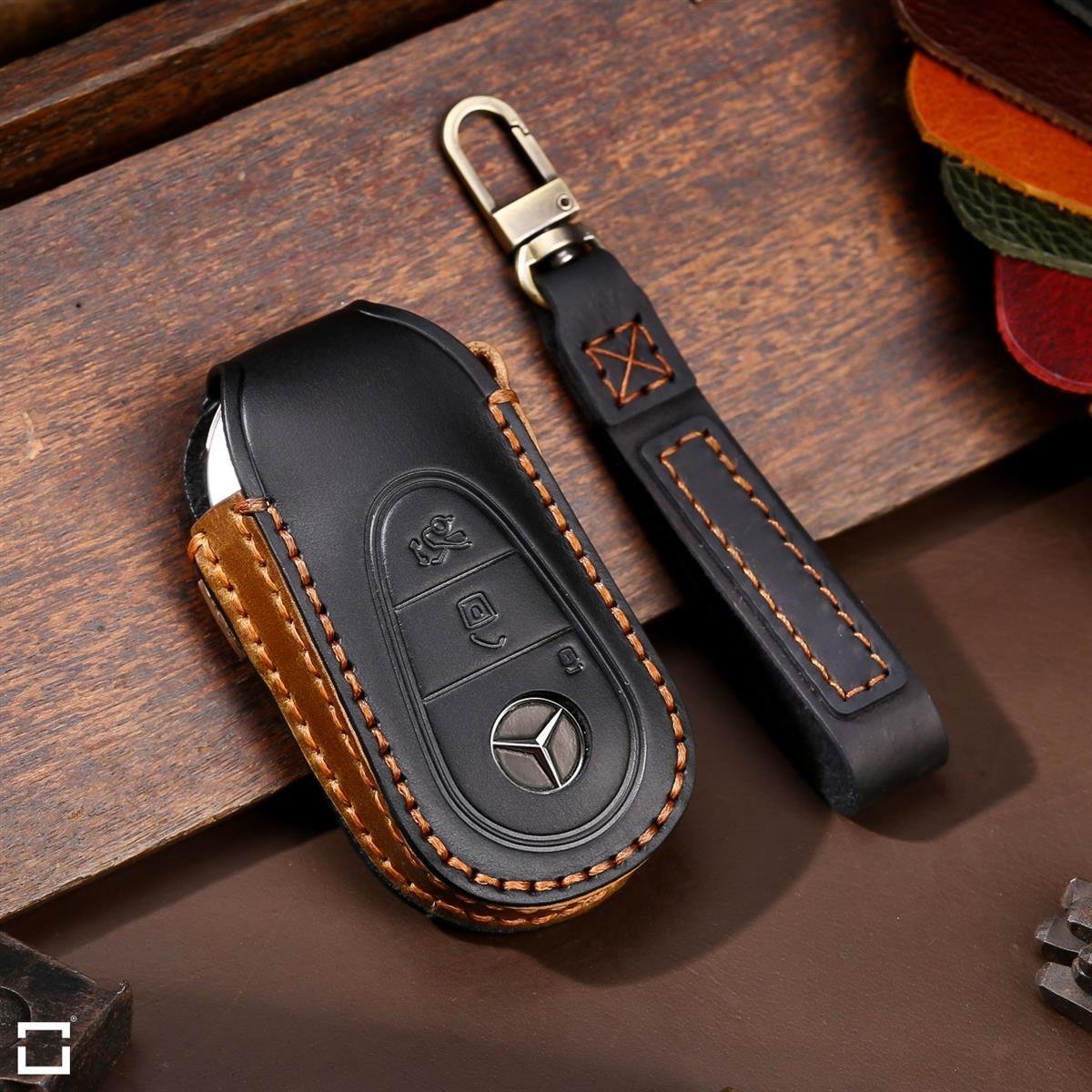 Étui pour clé de voiture en cuir marron avec porte-clés - Couvre-clé de  voiture en