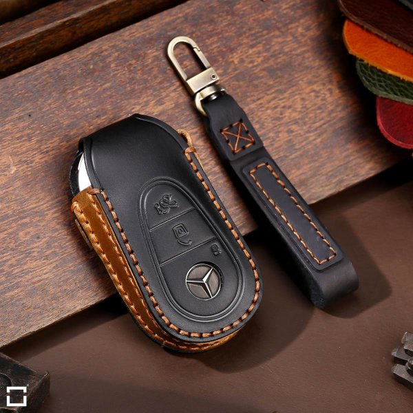 Premium leather key cover for Mercedes-Benz keys incl. keyring hook + leather keychain (LEK64-M11)