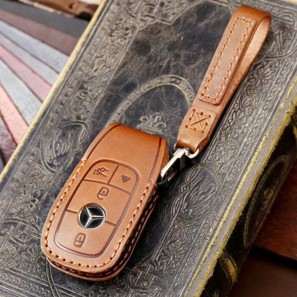 Premium leather key cover for Mercedes-Benz keys incl. keyring hook + leather keychain (LEK64-M9A)