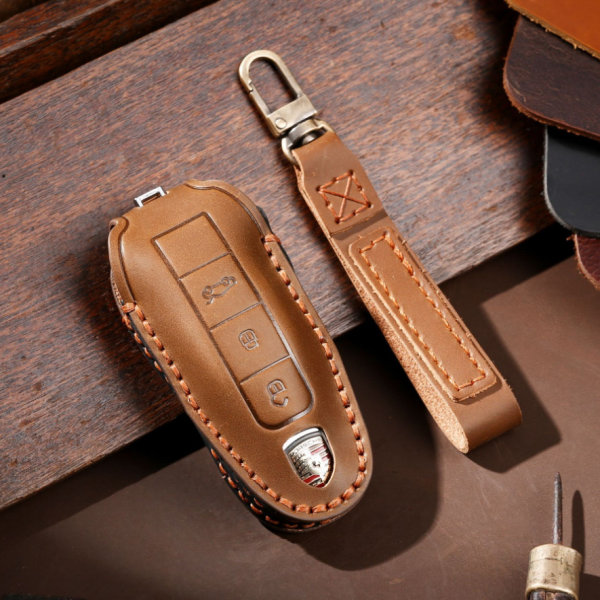 Premium leather key cover for Porsche keys incl. keyring hook + leather keychain (LEK64-PEX)