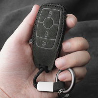 Coque de clé de voiture en cuir alcantara compatible avec Mercedes-Benz clés inkl. Karabiner + Schlüsselring (LEK69-M9)