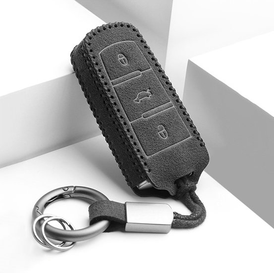 Coque de clé de voiture en cuir alcantara compatible avec Volkswagen, Skoda, Seat clés inkl. Karabiner + Schlüsselring (LEK69-V6)