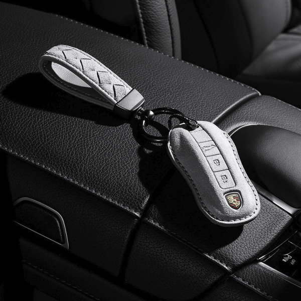 Funda protectora de cuero alcantara para llaves Porsche incluye llavero (LEK72-PE2)