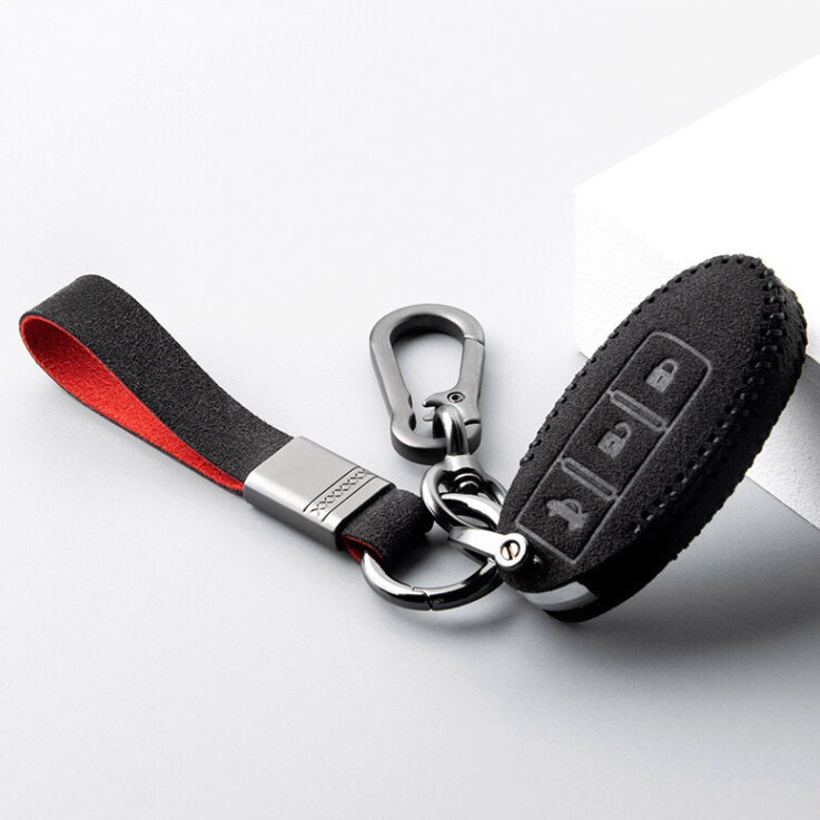 Alcantara Schlüsselhülle (LEK76) passend für Nissan Schlüssel inkl. Schlüsselanhänger - schwarz Premium Autoschlüssel Schutzhülle - Detailansicht 2