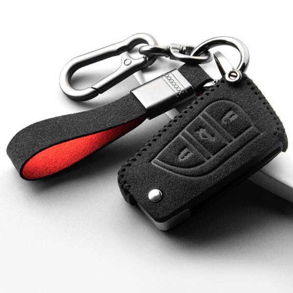 Alcantara Schlüsselhülle (LEK76) passend für Toyota, Citroen, Peugeot Schlüssel inkl. Schlüsselanhänger - schwarz