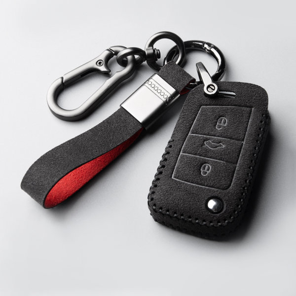 Coque de clé de voiture en cuir alcantara (LEK76) compatible avec Volkswagen, Skoda, Seat clés incl. porte-clés (alcantara) - noir