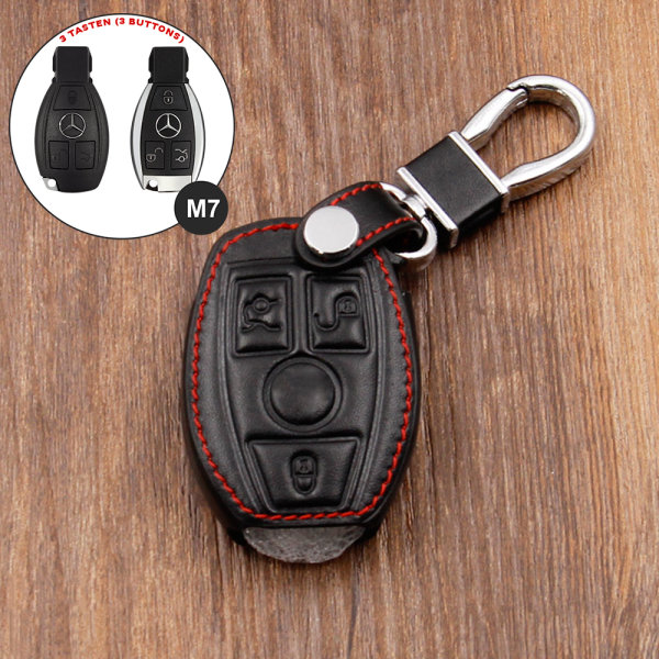 Premium Leder Schlüsselhülle / Schutzhülle (LEK1) passend für Mercedes-Benz Schlüssel inkl. Karabiner - schwarz