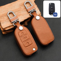 Leather key fob cover case fit for Volkswagen, Skoda, Seat V2 remote key brown