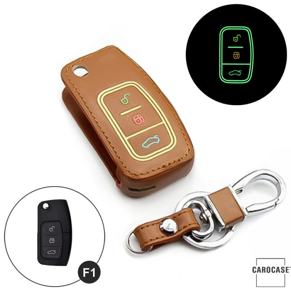 Leather key fob cover case fit for Ford F1 remote key brown