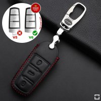 Leder Schlüssel Cover passend für Volkswagen Schlüssel V6 schwarz/rot