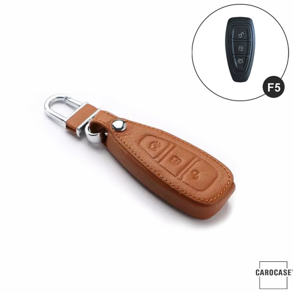 Leather key fob cover case fit for Ford F5 remote key brown