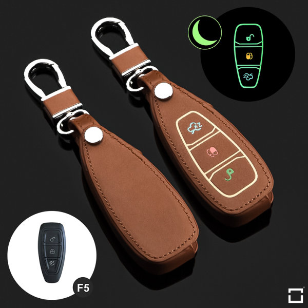 Leder Schlüssel Cover passend für Ford Schlüssel braun LEUCHTEND! LEK2-F5-2