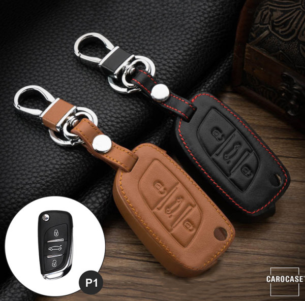 Leather key fob cover case fit for Citroen, Peugeot P1 remote key brown