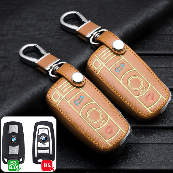 Leather key fob cover case fit for BMW B3, B3X remote key brown