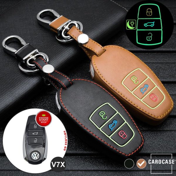 Leder Schlüssel Cover passend für Volkswagen Schlüssel braun LEUCHTEND! LEK2-V7X-2