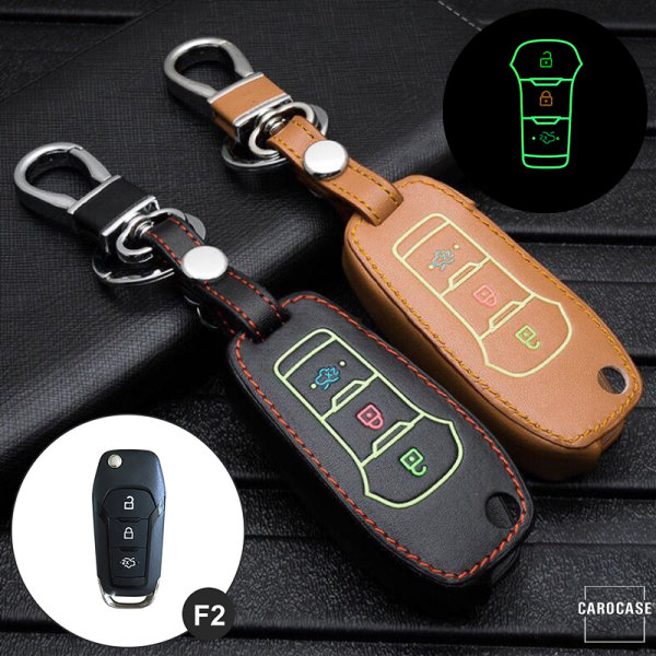 Leder Schlüssel Cover passend für Ford Schlüssel schwarz LEUCHTEND! LEK2-F2-1