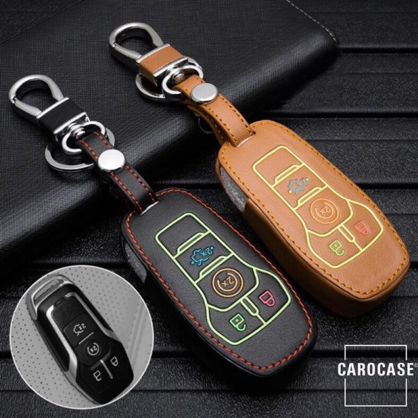 Leder Schlüssel Cover passend für Ford Schlüssel schwarz LEUCHTEND! LEK2-F7-1