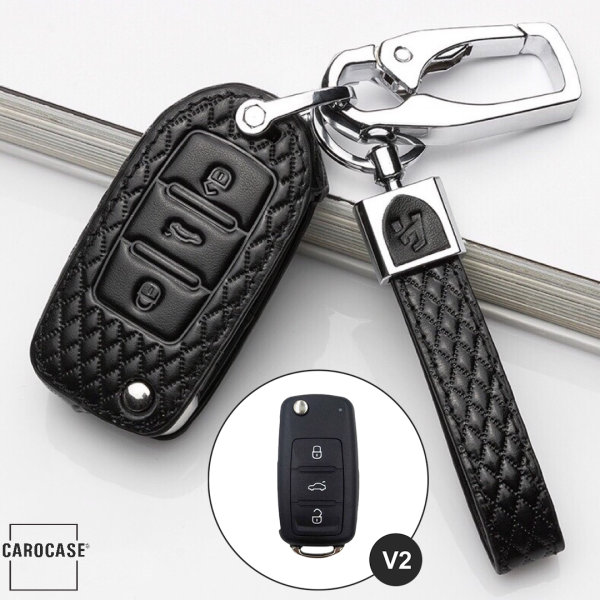 Leather key fob cover case fit for Volkswagen, Skoda, Seat V2 remote key black