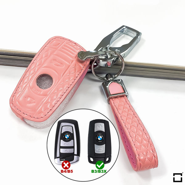 Coque de protection en cuir pour voiture BMW clé télécommande B3 rose