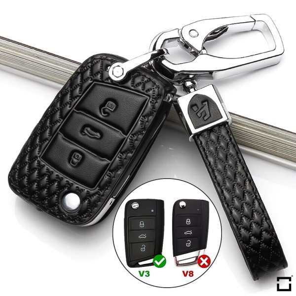 Coque de protection en cuir pour voiture Volkswagen, Audi, Skoda, Seat clé télécommande V3 noir