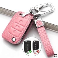 Cuero funda para llave de Volkswagen, Audi, Skoda, Seat V3 rosa