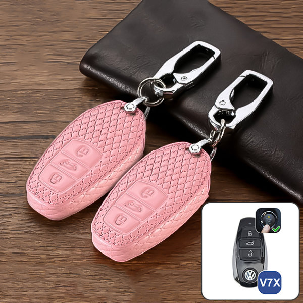 Coque de protection en cuir pour voiture Volkswagen clé télécommande V7X rose