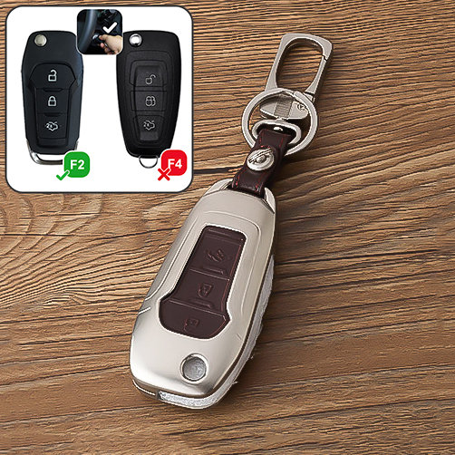 Aluminum key fob cover case fit for Ford F2 remote key champagne/brown