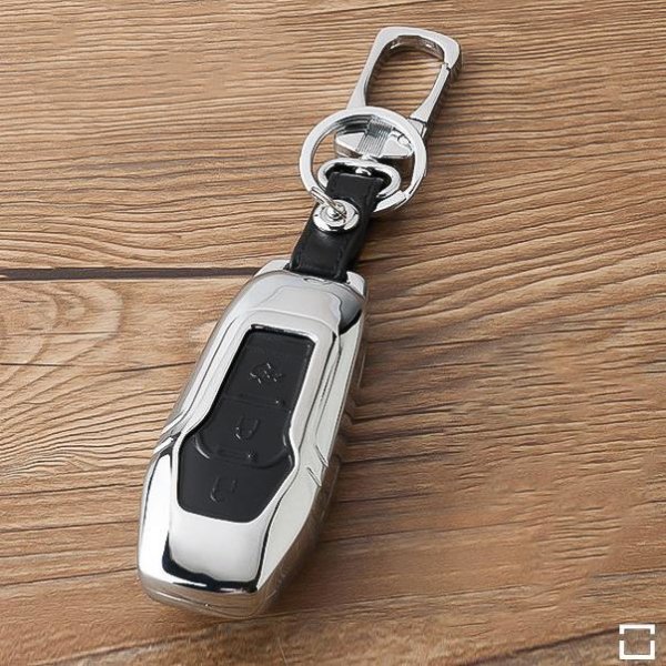 Alu Hartschalen Schlüssel Case passend für Ford Autoschlüssel chrom/schwarz HEK2-F3-29