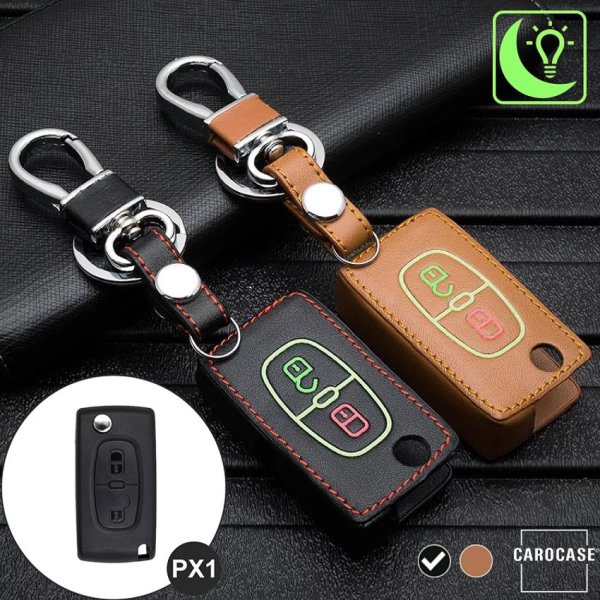 Leather key fob cover case fit for Citroen, Peugeot PX1 remote key black