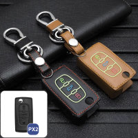 Coque de clé de Voiture (LEK2) en cuir compatible avec Citroen, Peugeot, Fiat clés incl. porte-clés - brun