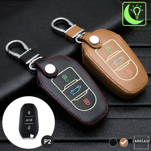 Leder Schlüssel Cover passend für Opel, Citroen, Peugeot Schlüssel braun LEUCHTEND! LEK2-P2-2