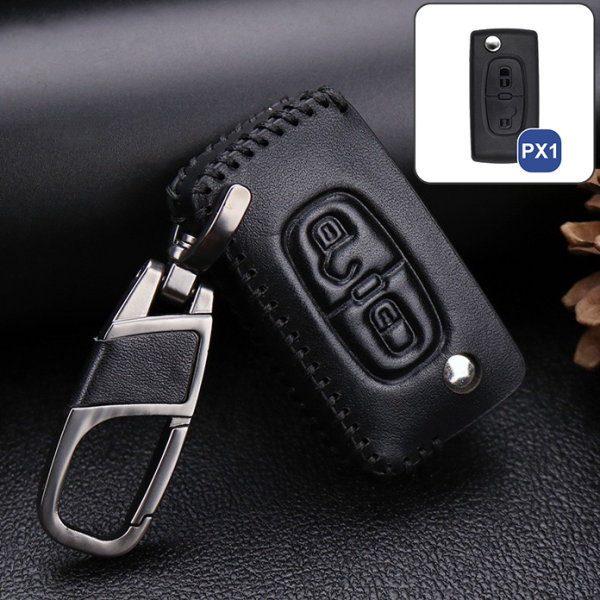 Leather key fob cover case fit for Citroen, Peugeot PX1 remote key black/black
