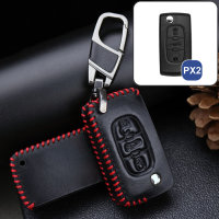 Coque de protection en cuir pour voiture Citroen, Peugeot clé télécommande PX2 noir/rouge