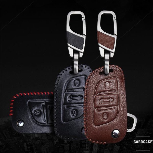 Leder Schlüssel Cover passend für Citroen, Peugeot Schlüssel C1, P1 schwarz/rot