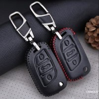 Leather key fob cover case fit for Citroen, Peugeot P1 remote key black/red