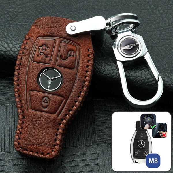 Leather key fob cover case fit for Mercedes-Benz M8 remote key light brown