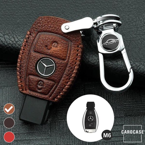 Leather key fob cover case fit for Mercedes-Benz M6 remote key light brown