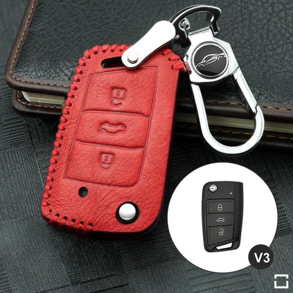 Leather key fob cover case fit for Volkswagen, Audi, Skoda, Seat V3, V3X remote key red