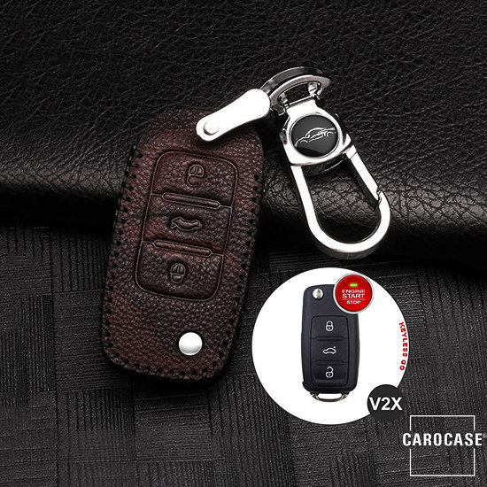 Leather key fob cover case fit for Volkswagen, Skoda, Seat V2X remote key dark brown