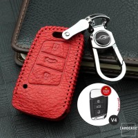 Coque de protection en cuir pour voiture Volkswagen, Skoda, Seat clé télécommande V4 rouge