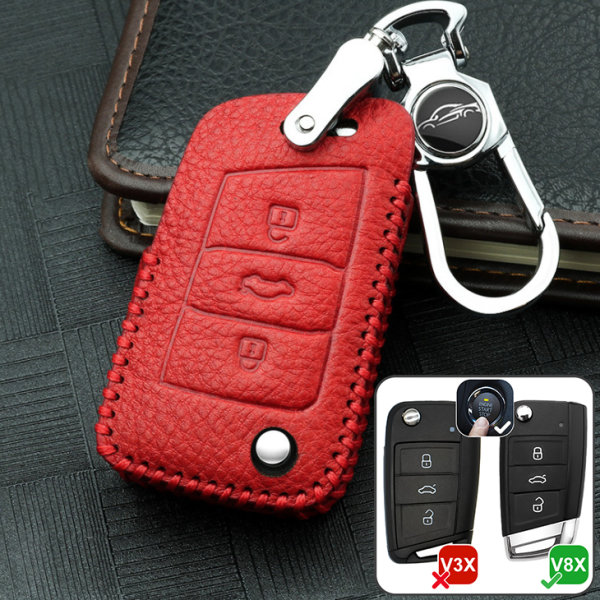 Leather key fob cover case fit for Volkswagen V8X remote key red